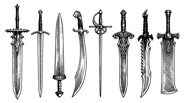 Seven medieval swords with intricate designs and handles illustrated
