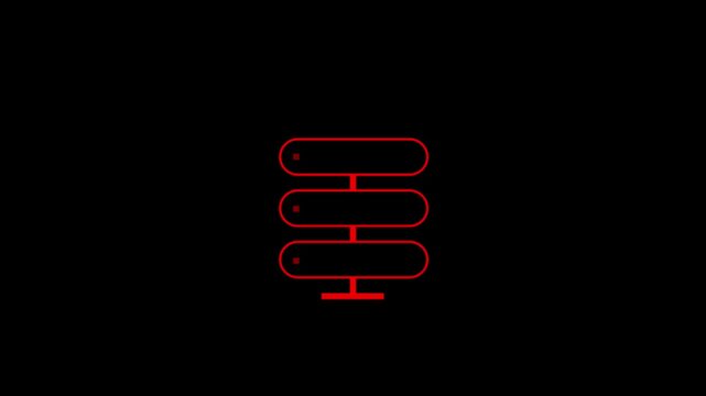 Server stack icon outline rendered in vibrant red neon glow against a stark black background symbolizes digital storage and data management.