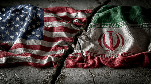 Divided Nations: The flags of the United States and Iran are dramatically torn apart, symbolizing a deep rift and conflict between the two nations.