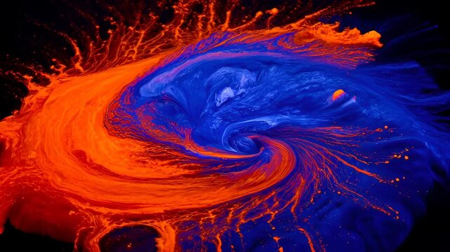 Abstract smoke colours swirl vivid red and blue fluid motion, creating dynamic dark background with bright contrast and energetic texture, orange and blue paint merge black space with vivid contrast