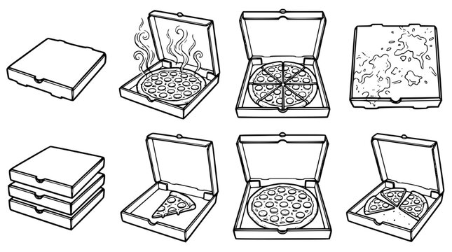 Various pizza boxes with different pizza slices and designs shown