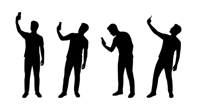 Silhouette of four men using smartphones in different poses vector illustration