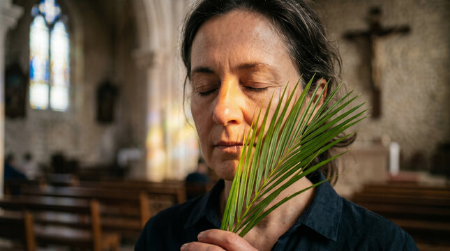 Woman holding palm leaf against blurred cross background. Palm Sunday religious observance with Christian prayer. Spiritual worship concept for Easter holiday and church ministry service