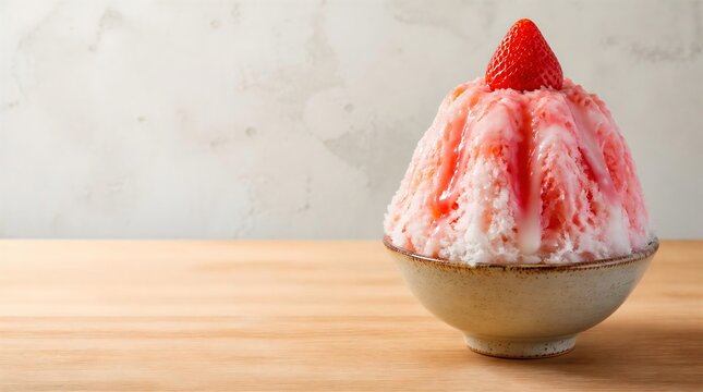 Japanese strawberry kakigori shaved ice dessert with condensed milk and copy space