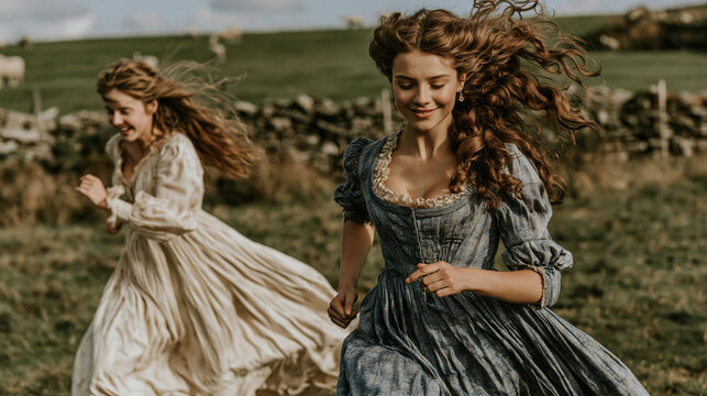 Victorian sisters frolic in a field, windswept hair and billowing dresses mirroring the untamed spirit of the countryside.