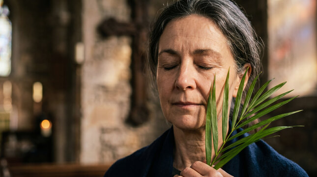 Woman holding palm leaf against blurred cross background. Palm Sunday religious observance with Christian prayer. Spiritual worship concept for Easter holiday and church ministry service