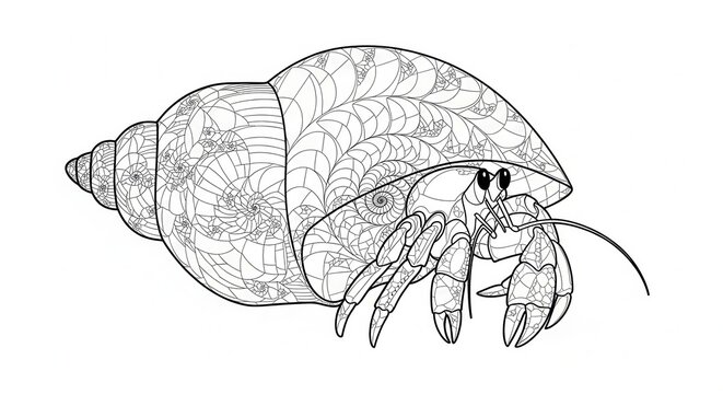 Hermit crab, shell, line art, black and white, illustration, crustacean
