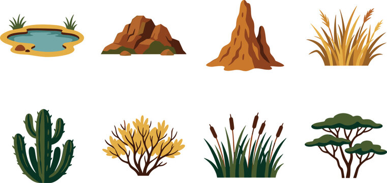 Nature Landscape Elements Vector Set with Pond Rocks Grass Cactus Shrubs Reeds and Trees