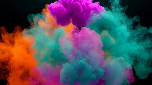 Abstract smoke colours vibrant cloud plume mist haze texture background, orange smoke cloud and teal smoke cloud against black background, vivid abstract colour contrast with purple pink cyan