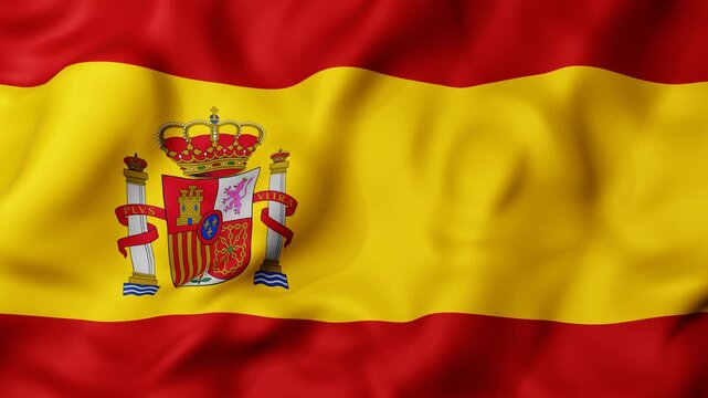 3d Animation of Spain flag with Red and yellow stripes wave in the wind. Royal crest centers the golden band. Rich fabric moves with gentle rhythm. Seamless loop motion graphics. Cultural or patriotic