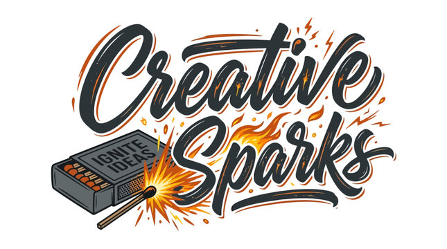 Creative Sparks typography design with matchbox and burning matchstick illustration.