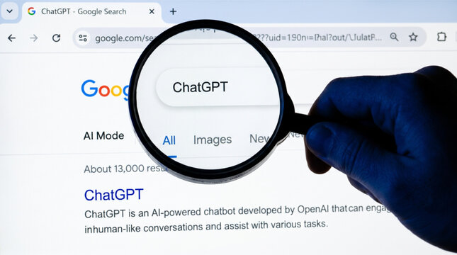 A hand holding a magnifying glass over a computer screen showing Google search results for ChatGPT, emphasizing artificial intelligence, OpenAI, chatbot technology, and web search on a monitor.