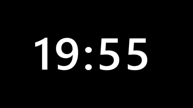 Countdown timer from 20 minute to 19 minute on black background. 4K footage motion video alpha channel