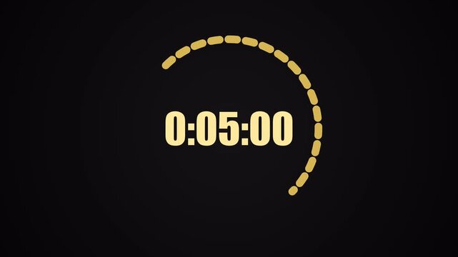 10 second countdown timer sequence with yellow number text glowing from 10 to 0 with dashed yellow circle elements. Circle countdown timer 10 sec on black background 4K UHD