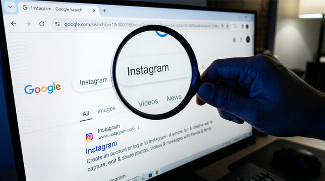 In this photo illustration, a hand holds a magnifying glass over a computer screen displaying Google search results for the Instagram social media platform, representing digital SEO and discovery.