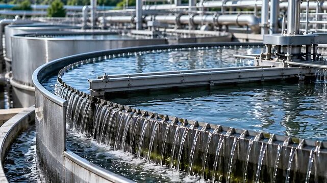 Water recycling plant circular tanks and round settling clarification tank with cascading overflow, stainless steel piping and industrial filtration