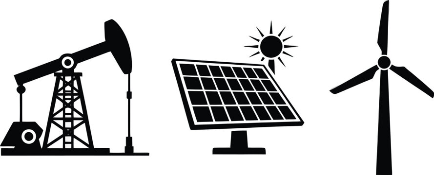 Energy & Utilities Icons - Oil Pump, Solar Panel, Wind Turbine Solid Vector Bundle