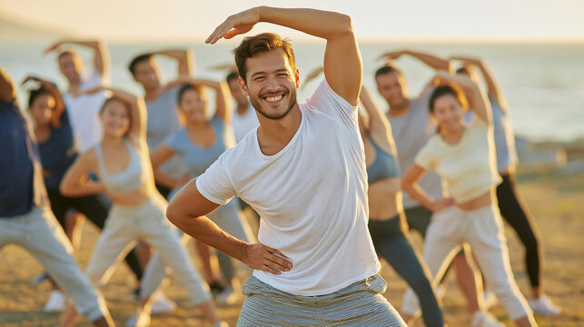 Outdoor Fitness Class: A smiling instructor leads a diverse group of people in an invigorating outdoor fitness class on a sunny beach, promoting health and wellness.