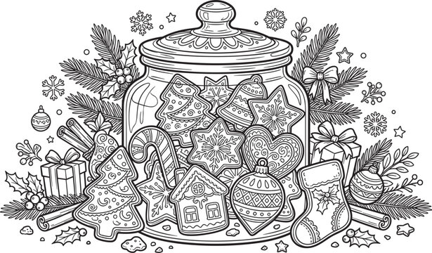 Christmas cookie jar coloring page vector illustration with gingerbread biscuits gifts ornaments and pine branches for holiday activity