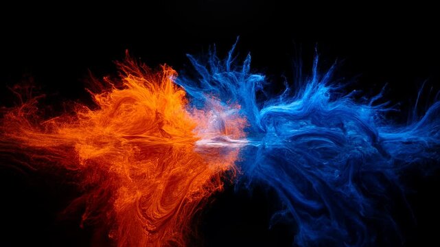 Abstract smoke colours red blue orange dynamic fluid energy motion burst vibrant contrast black background, orange smoke and blue smoke form vivid abstract cloud with dramatic flowing motion