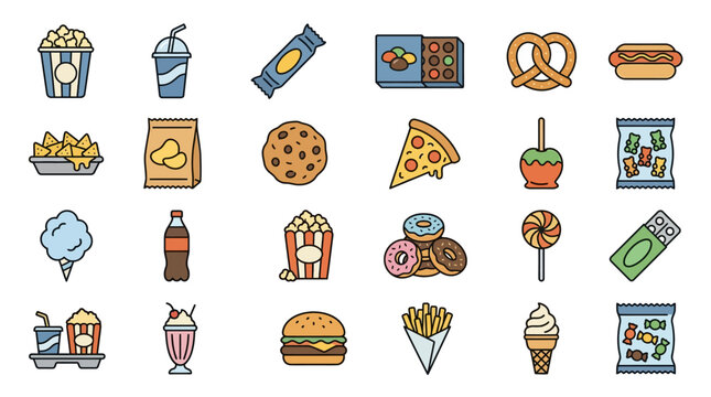 Cinema Snack Outline Icon Set 30 Editable Stroke Illustrations Including Popcorn Soda Candy Chocolate Cookies Chips Fast Food Movie Theater Concession Stand