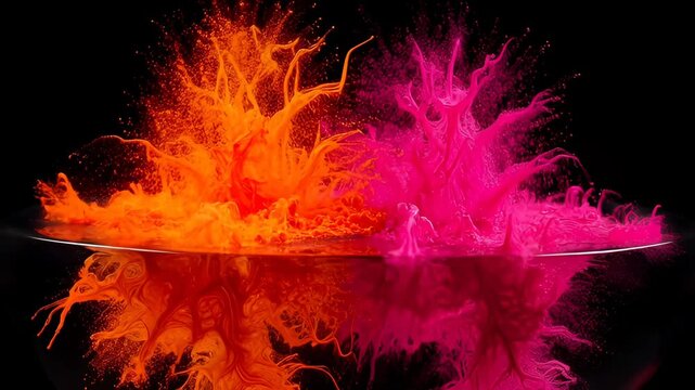 Abstract smoke colours vibrant orange and pink splash with reflection on black background, dynamic fluid art powder liquid bowl scene