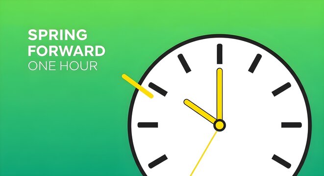 A graphic illustration of a clock with hands and text 'SPRING FORWARD ONE HOUR' on a green background, symbolizing the start of Daylight Saving Time.