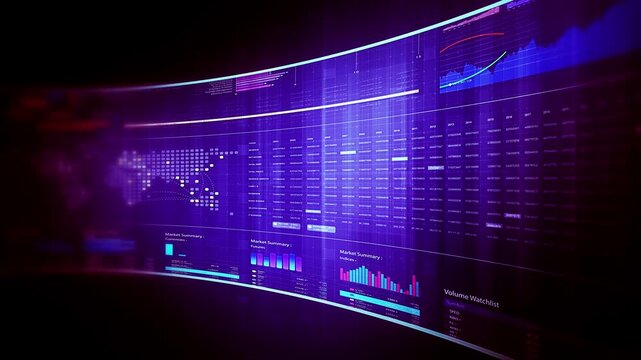 Global financial data visualization, stock market analytics, world map with rising growth chart, big data technology, digital economy, fintech trading interface, futuristic business background