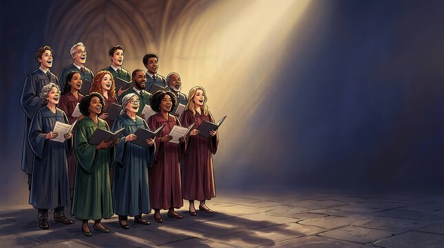Diverse choir members singing together in a cathedral with light beam