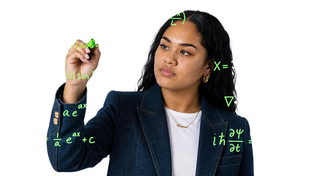 Intelligent Young Female Scientist Writing Physics Equations Isolated on Transparent Background