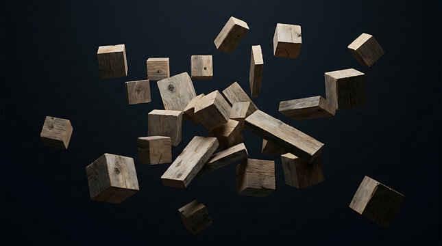 Wooden blocks floating in void dark background 3d rendering
