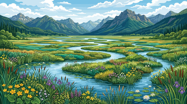 A vibrant winding river flowing through a lush meadow filled with colorful wildflowers.