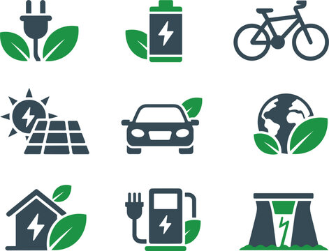 Green energy and eco transport icon set, renewable power environment flat vector illustration elements