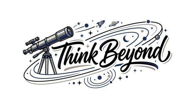Think Beyond Typography with Telescope and Space Elements Illustration.