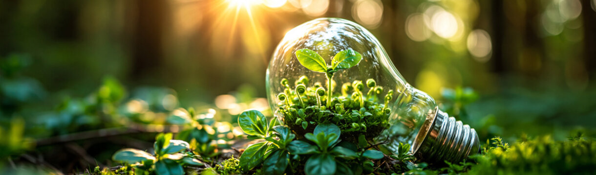 Eco-Innovation in Nature: A lightbulb filled with vibrant green plants rests on lush moss in a sun-dappled forest, symbolizing renewable energy and the growth of nature's power.