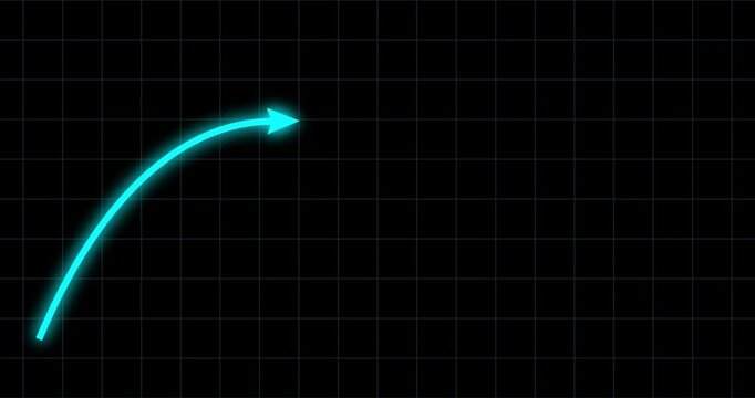 Chart arrow bow shape goes up and down blue on dark grid. Graph rising fast. Business cartoon animation. Economy metaphor. Speed up and slow down graph from low to high acceleration.