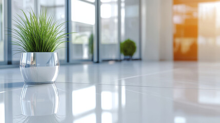 Fototapeta premium Modern indoor plant in sleek pot, bright office space with large windows, reflecting light and creating serene atmosphere