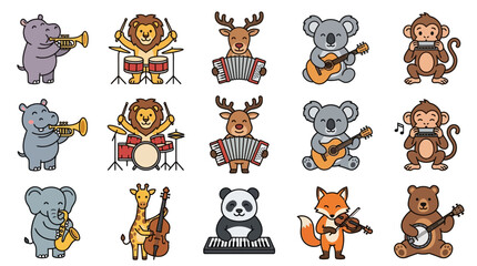 Colorful animal band concert set featuring hippo playing trumpet lion on drum kit reindeer accordion koala guitar monkey harmonica editable stroke design elements © Tulo