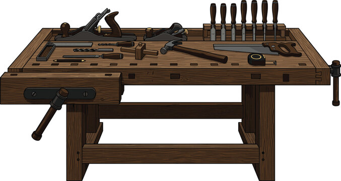 Vintage Wooden Carpentry Workbench Vector Illustration with Hand Tools Including Hand Planes Chisels Saws Hammer and Vise for Woodworking Designs