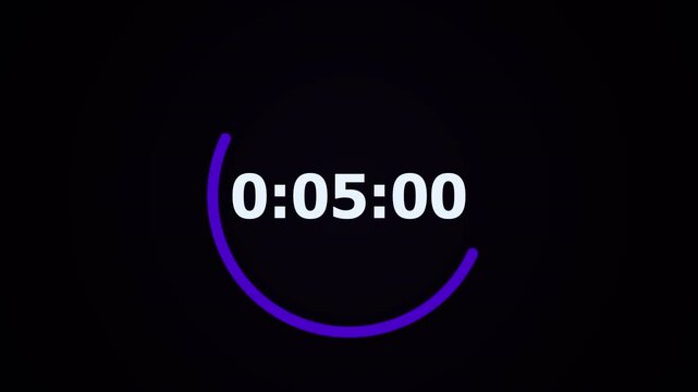10 second countdown timer sequence with white number text glowing from 10 to 0 with a purple circle element. Circle countdown timer 10 sec on black background 4K UHD