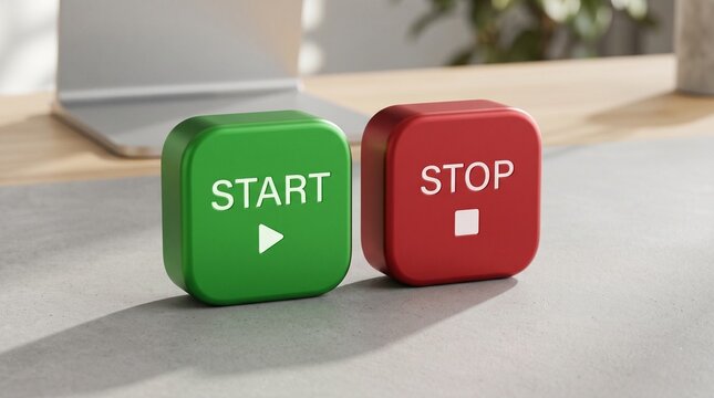 Green start and red stop buttons, play pause symbols, white icons on colored cubes, decision concept