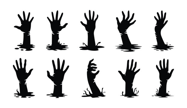 Zombie Hand Silhouette Collection Horror Creepy Rising Hand Vector Set