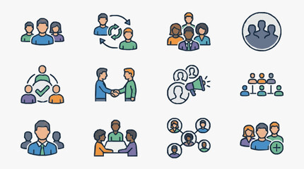 Fototapeta premium Creative Illustrations of Diverse Teamwork and Communication Concepts with Colorful Figures with high quality professional line art symbols for modern creative design and digital branding projects