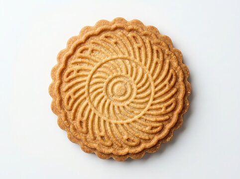 A single round shortbread cookie with an intricate spiral pattern isolated on white background