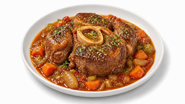 High-end osso buco isometric 3d illustration, premium traditional milanese braised veal shank isolated food render for luxury menu design