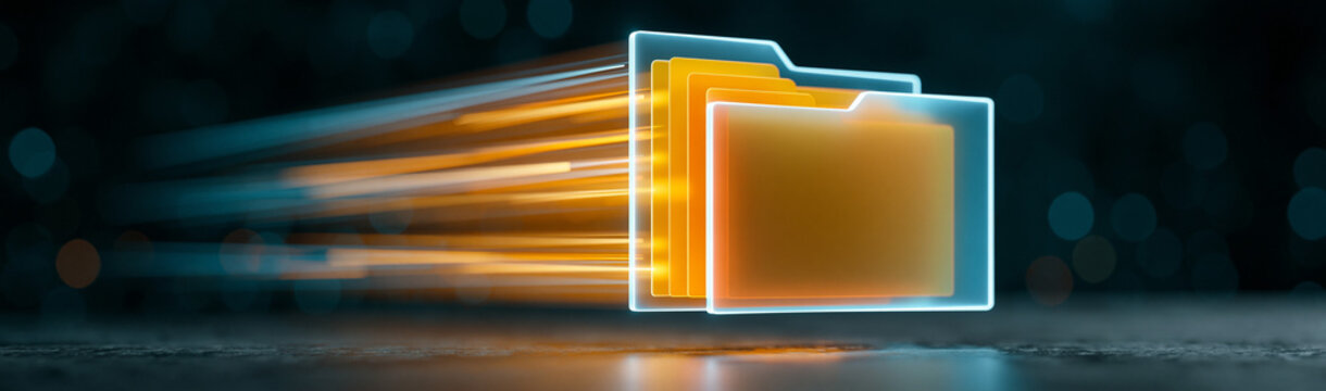 Digital Data Transfer: Transparent folders with glowing orange data streams convey the rapid movement of digital information in a futuristic, abstract setting.