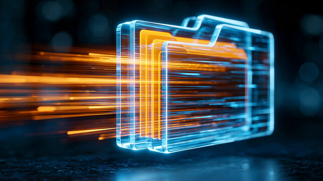 Digital Archive Flow: A futuristic representation of data transfer and organization, with glowing blue folders and vibrant orange light streams symbolizing information flow and digital archiving.