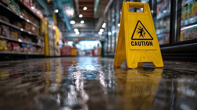 Yellow caution wet floor sign placed on a slippery grocery store aisle.