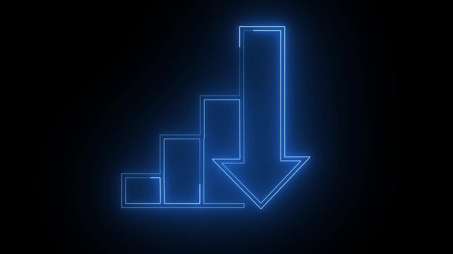 Bar chart rendered in cool blue neon lines emphasizes a continuous drop in values with a clear downward arrow representing poor quarterly results or declining productivity within modern corporate.