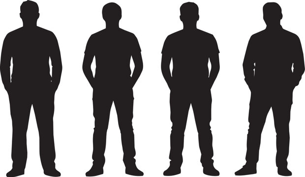 Set of four casual standing male silhouettes isolated on white background

Collection of four male silhouettes standing in relaxed casual poses with hands in pockets. Black human figures isolated.
